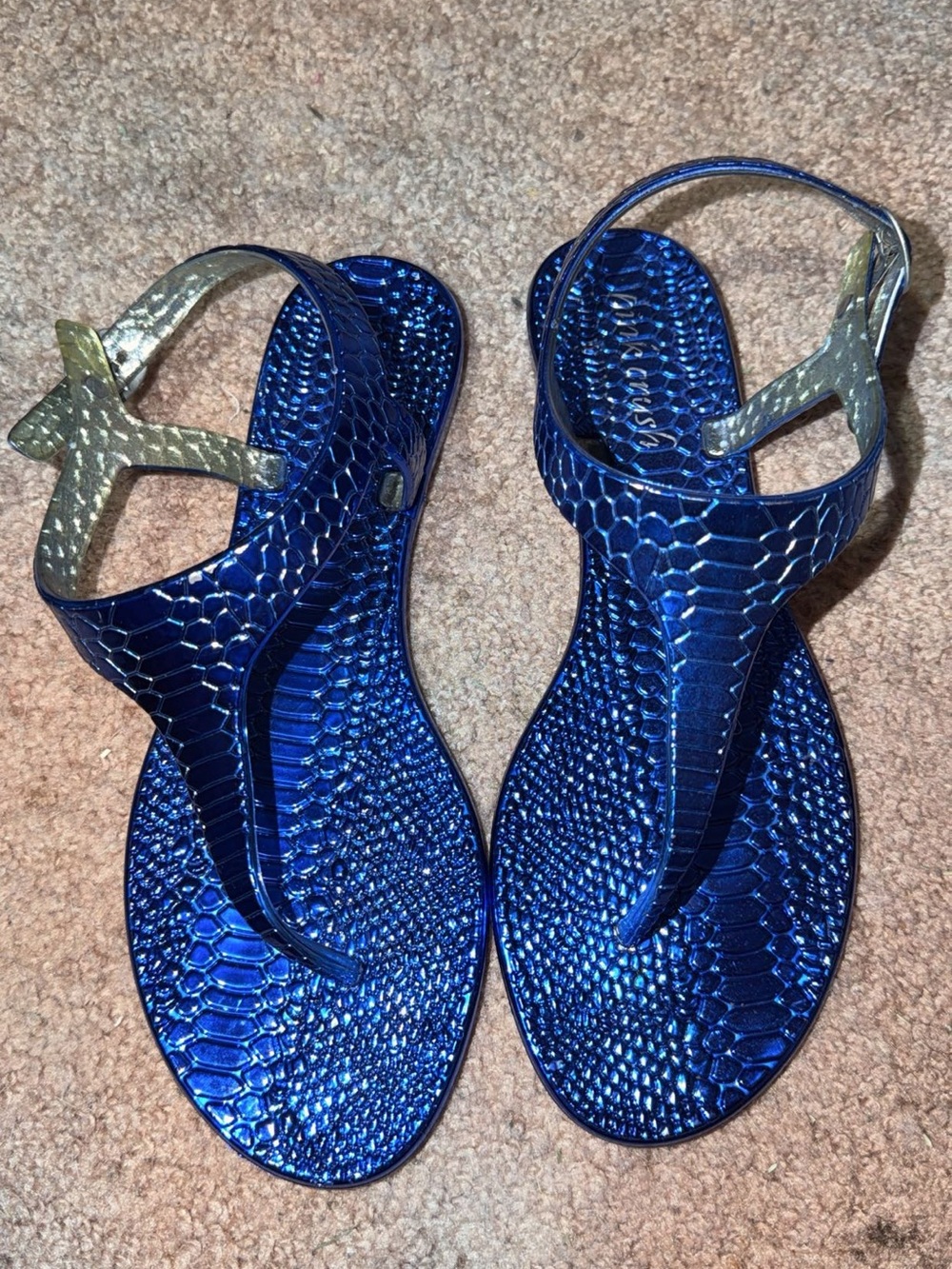 Othr Metallic Blue Textured Jelly Sandals with Gold Accents - Women